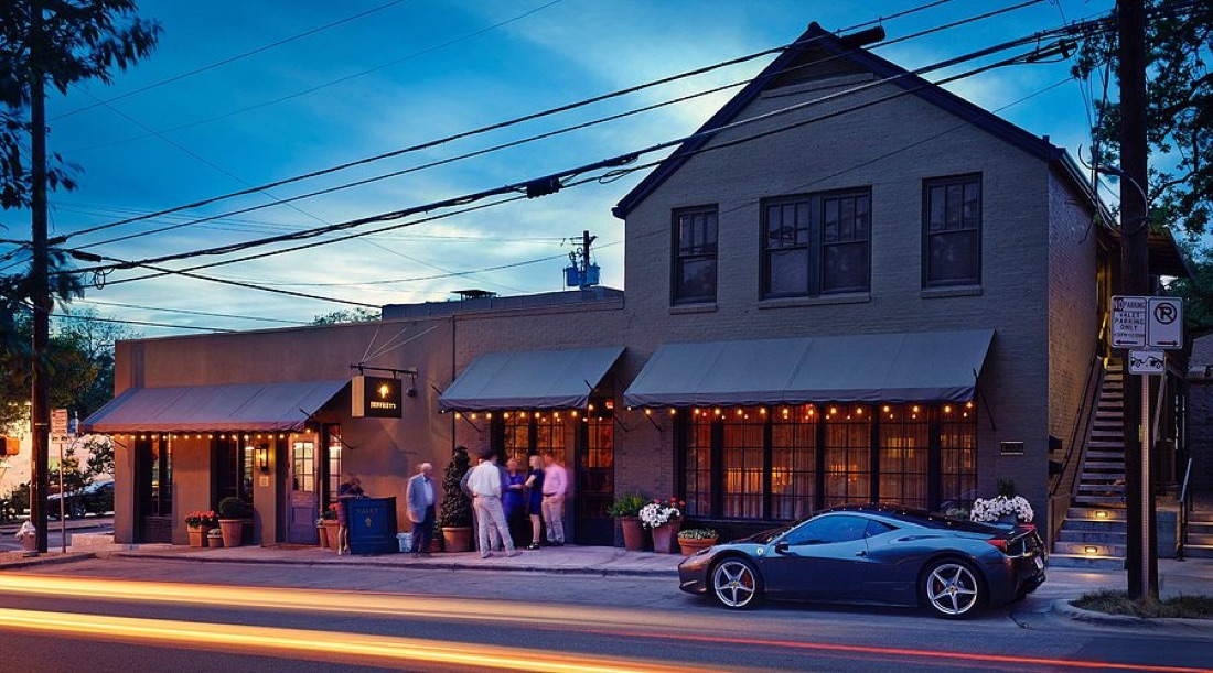 Jeffrey's restaurant at twilight — a celebrated Clarksville fine dining institution steps from the property