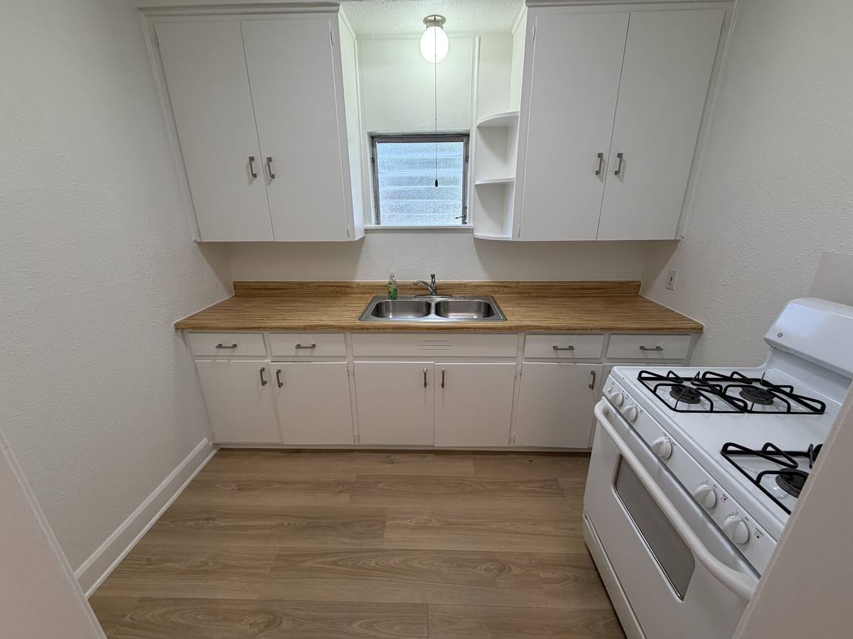 Kitchen with white cabinetry, gas stove, double sink and window over the counter